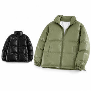 Unisex PU Puffer Jacket Solid Color Stand Collar Zipper Closure Windproof <b>Winter</b> Casual Loose Fit Regular Length <b>Thick</b> <b>Coat</b> - Product Image 1
