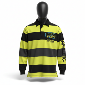 Polo de rugby pour homme en coton et polyester tricoté, rayé noir et jaune, avec patch personnalisé, pour chemises polo - Product Image 6