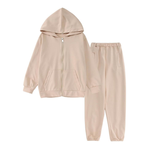 Sand Beige Full <b>Zip</b> <b>Hooded</b> Kids Tracksuits Thick Cotton Fleece Classic Jogger Pants Comfortable Outdoor Adventure Kids Tracksuit - Product Image 1
