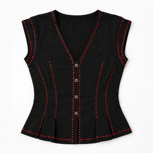Haut peplum sans manches noir à boutons avec garniture en strass personnalisée, couture en cristal rouge, chemise pour femme, streetwear d'été, directement de l'usine - Product Image 4