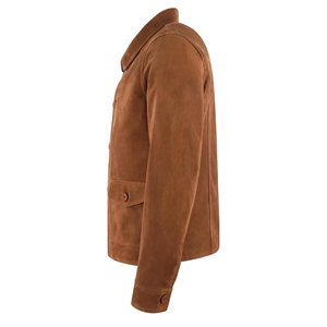 <b>Men</b>’s Genuine Goat Suede Leather <b>Jacket</b> Tan Button Front <b>Utility</b> Workwear <b>Jacket</b> Classic Collar Box Pocket Casual Coat Wholesale - Product Image 3