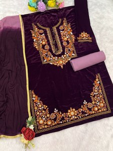 Costume Anarkali en velours brodé violet pour femmes avec pantalon Dhoti, tenue traditionnelle indienne pakistanaise pour mariage, coupe ample, longueur cheville - Product Image 2