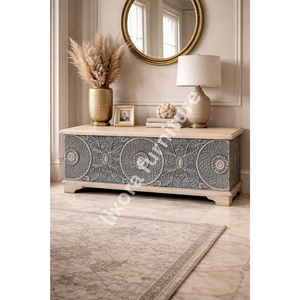 Aparador de Madera Maciza Hecho a Mano de Lujo con Tallado Geométrico Ornamentado de Mandala, Consola Buffet - Product Image 2