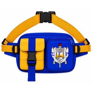 Sac banane personnalisé Sigma Gamma Rho Sorority bleu et or, style décontracté, logo brodé et poche zippée pour femme, vêtements grecs - Product Image 1