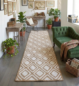 Handwoven Natural White Diamond Pattern Jute <b>Runner</b> <b>Rug</b> Braided Farmhouse Hallway Carpet Floor Mat - Product Image 1