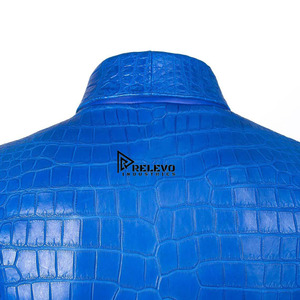 Blue Men Crocodile Leather Jacket New Fashion Turn <b>Down</b> Collar Solid Color Leather Jacket Leather Quilted Motorcycle-style Men's - Product Image 3