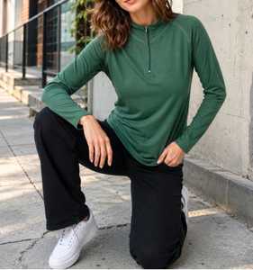 Damen Grünes Rundhals-Langarmshirt, Regular Fit, Einfarbig, Gestrickt, mit Logo, Komprimiertes Casual-Oberteil mit Mittelreißverschluss - Product Image 2