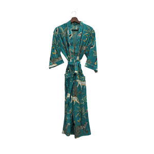 Emerald Green Jungle Print Cotton Kimono <b>Robe</b> <b>Women</b> Long Length Long Sleeves V Neck Drawstring Comfortable Nightwear - Product Image 1