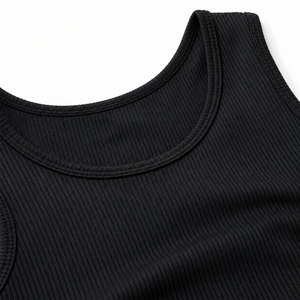 Ensemble de yoga 2 pièces pour femme, noir uni, legging taille haute, crop top dos nageur à col rond, longueur intégrale, côtelé, en Spandex et Polyester - Product Image 5