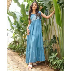 Handmade Solid <b>Rayon</b> Maxi <b>Dress</b> O-Neck Sleeveless A-Line Silhouette Formal Outdoor Casual Sweet Eco-Friendly Breathable Natural - Product Image 1