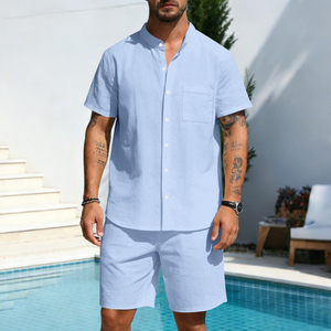Ensemble de chemises décontractées pour hommes, couleur olive unie, manches courtes, boutonnées, respirantes, en coton tissé, tenue d'été - Product Image 2