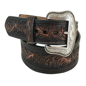 Luxury Antique Style Hand Carved Floral Embossed Men's Western <b>Leather</b> <b>Tooling</b> Belt with Designer Brass Pin Buckle Cowboy Belt - Product Image 4