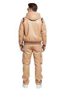 Custom Men's Beige Genuine Leather Tracksuit Set with Brown Contrast Stripe Details – Luxury Hooded Bomber <b>Jacket</b> and Cargo Pock - Product Image 4