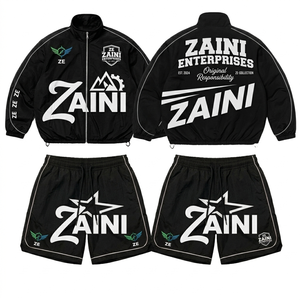 ZAINI Mens 120 GSM Polyester Taslan Winter Hooded <b>Windbreaker</b> Jacket Shorts Set <b>Black</b> Contrast Piping Custom Logo - Product Image 1