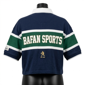 Chemise de rugby pour femme en coton et polyester, tissu tricoté durable, rayures vert marine, logo brodé personnalisé. - Product Image 4