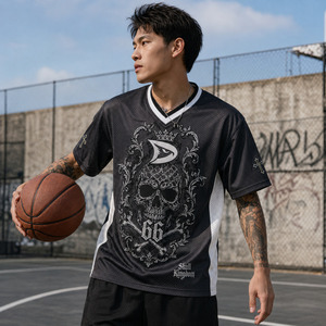 Custom Logo <b>Y2K</b> Mesh Sports Jersey Mens Dark Charcoal Gothic Skull Printed Oversized Athletic Streetwear Short Plus Size - Product Image 4