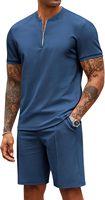 Ensemble décontracté deux pièces pour homme : T-shirt tricoté à col zippé et short athlétique, respirant et confortable pour l'été, idéal pour la course et l'entraînement, 100% coton.