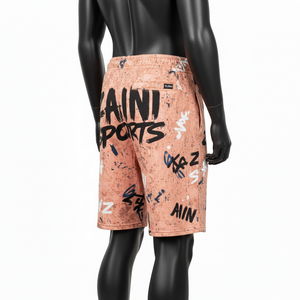 กางเกงขาสั้นผ้าฝ้ายฟลีซพรีเมียม 280 GSM ล้างสีแบบแอซิดวอช สีพีชรัสต์ พิมพ์ลายกราฟฟิตีทั้งตัว พร้อมโลโก้สกรีนแบบกำหนดเอง - Product Image 5