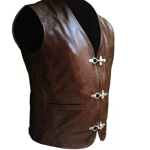 Gilet en cuir véritable pour homme, col en V, fermeture à triple boucle, style vintage, marron, respirant, écologique, vente en gros - Product Image 2