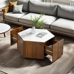 Mesa de Centro Moderna de Mármol, Portátil, con 2 Cajones Ocultos, Superficie Blanca Texturizada, Acabado en Roble Nogal, Altura Ajustable, para Sala de Estar - Product Image 1