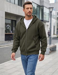 Sweat-shirt à capuche zippé pour homme, fabriqué au Pakistan, vert olive, en polaire, coupe classique, couleur unie, décontracté, pour l'automne - Product Image 5