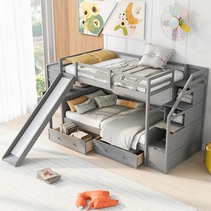 Letto a Castello Grigio con Cassetti Portaoggetti, Scala, Scivolo e Scrivania con Cassetti e Mensole per Bambini - Product Image 3