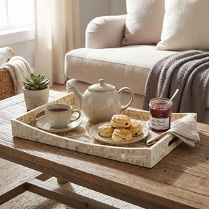 Fan-shaped enamel serving tray, rectangular decorative seashell-shaped tray, <b>coffee</b> <b>table</b> tray with integrated handles. - Product Image 2