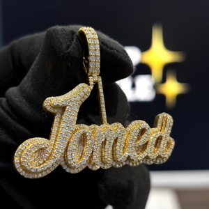 <b>Custom</b> Bold Script <b>Name</b> Pendant 925 Sterling Silver VVS Moissanite Fully Iced Hip Hop <b>Necklace</b> Yellow Gold Pave Jewelry Designer - Product Image 4