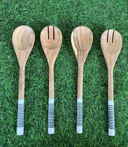 Eco-Friendly Acacia Wooden Salad Server Set Handmade Wood Spoon and <b>Fork</b> with Striped Resin Handle Kitchen Utensils Wholesale - Product Image 1