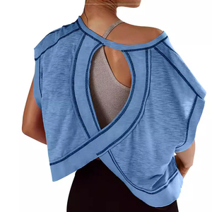 Women's Blue Asymmetric Off Shoulder Hollow Out Knitted T-Shirt Loose Fit Sleeveless O-Neck Spring Summer <b>Top</b> - Product Image 1