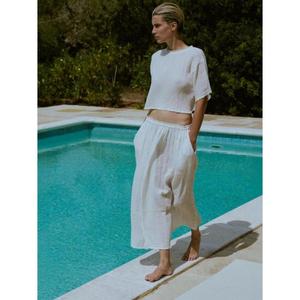 Conjunto de dos piezas blanco: Top corto con falda midi de abertura alta, atuendo minimalista de verano, vestido casual de lino de ajuste holgado para mujer - Product Image 3