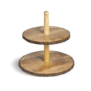 Two <b>Tier</b> Round Wooden Cake Stand Handmade Natural Wood Dessert Display <b>Tray</b> with Pedestal Base - Product Image 3