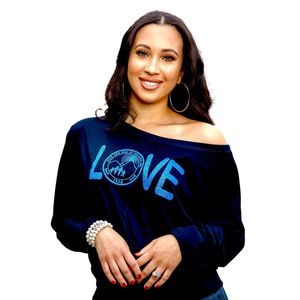 Women's Navy Blue <b>Off</b> <b>Shoulder</b> Long Sleeve Top with Bright Blue LOVE Emblem Graphic Stylish Casual Fashion Shirt Trendy Everyday - Product Image 1