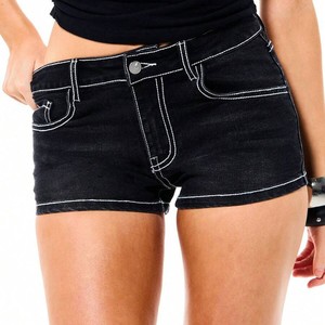 Shorts de Mezclilla Negros de Cintura Alta para Mujer, con Costuras Blancas, Estilo Casual de Verano, Corte Regular, Acabado Stonewashed - Product Image 1