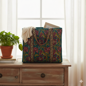 Elegant Quilted Cotton Dark Green Tote <b>Bag</b> Dual Sided Floral Print Long Handle Large Reusable Shopping Travel Shoulder <b>Bag</b> - Product Image 3