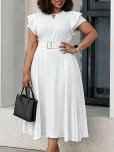 SE11750 Nuevo Vestido Casual de Verano para Mujer, Ajustado al Cuerpo, con Mangas Cortas con Volantes, Color Sólido, Cintura Alta, Plisado, Largo - Product Image 2