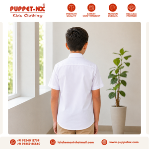 Chemise à manches courtes pour garçons, uniforme scolaire primaire Puppetnx, qualité supérieure, tissu polyester/coton blanc - Product Image 3