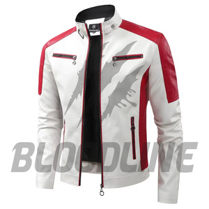 BLOODLINE Men's Black <b>White</b> PU Leather Moto Biker <b>Jacket</b> Slim Fit Zipper Closure Stand Collar Autumn Wear - Product Image 6