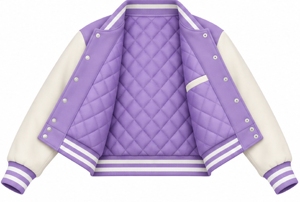 Blouson Bomber Varsity pour Femme, Bicolore Violet et Blanc, avec Applique Lettres, Col Montant et Poignets Rayés - Product Image 6