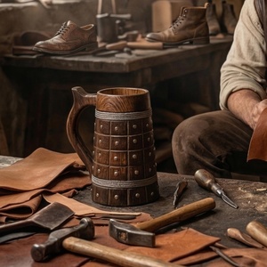 Chope à bière en bois artisanale avec détails en métal, vaisselle vintage de qualité alimentaire pour détaillants et revendeurs - Product Image 2