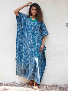 100% respirant coton robe d'été bonne qualité bleu main bloc imprimé caftan salon porter longue coupe ample naturel écologique - Product Image 2