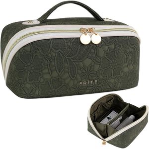 Grande trousse de toilette de voyage en cuir PU imperméable avec séparateurs transparents et poignée, organiseur de maquillage pour femmes - Product Image 1