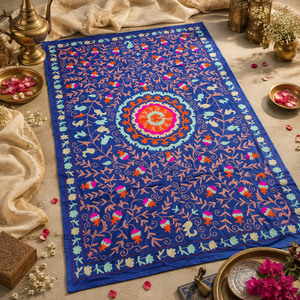 Exclusive Handmade Suzani Cotton Bedsheet Royal <b>Blue</b> Peach Pink Floral Boho Indian Ethnic <b>Bedspread</b> Home Decor Cover - Product Image 1