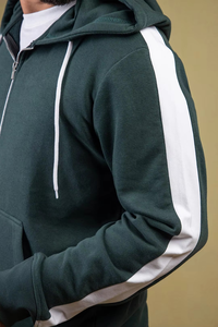 Sweat-shirt à capuche zippé vert foncé pour homme, coupe classique, couleur unie, en molleton de coton, décontracté, pour l'automne - Product Image 3
