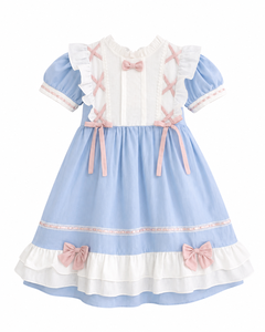 Robe de princesse Lolita vintage pour filles avec dentelle et nœuds en ruban |   Robe de fête en coton bleu - Product Image 1