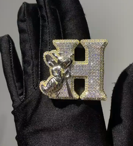 925 <b>Silver</b> Lab Grown Diamond Initial Letter H <b>Ring</b> Teddy Bear Statement Signet <b>Ring</b> For <b>Men</b> - Product Image 1