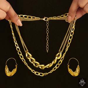 Collar de cadena de doble capa PRAO con pendientes chapado en oro conjunto de joyería de moda antideslustre - Product Image 3