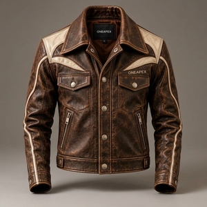 Blouson en cuir marron crème vintage pour homme, style motard western personnalisé, vêtement d'extérieur premium streetwear mode hiver 2026 - Product Image 1