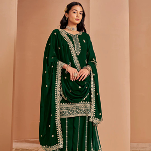 Traje Plazzo Moderno Semisentado de Georgette Premium Bordado para Mujer, Ideal para Fiestas de Diwali y Bodas - Product Image 1