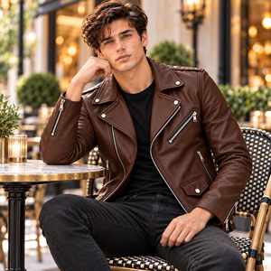 Chaqueta de Cuero Genuino para Hombre, Estilo Motero, Color Marrón, Corte Ajustado, Estilo Vintage Punk Rock, con Cierre, para Motociclismo y Trabajo - Product Image 6